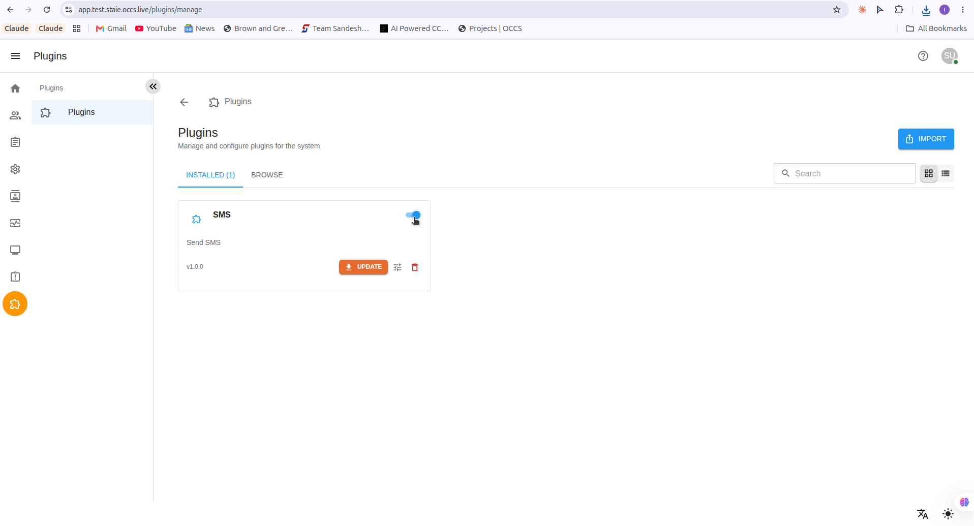 Installed Plugins list showing a plugin with its enable toggle switched on