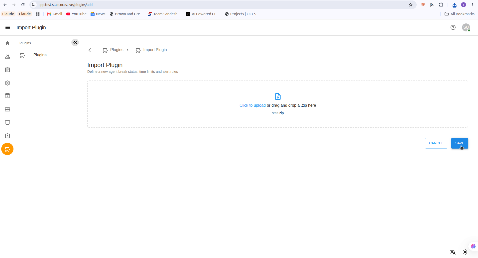 Import Plugin screen with a plugin package uploaded and the Save button highlighted