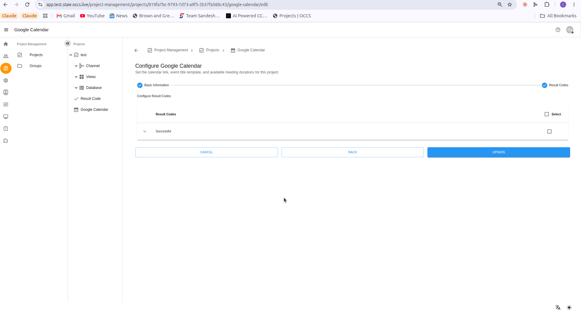 Configure Google Calendar form showing the Result Codes step